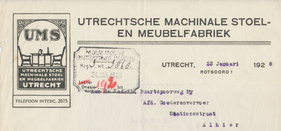 712145 Briefhoofd van een brief van de Utrechtsche Machinale Stoel- en Meubelfabriek UMS, Rotsoord 1 te Utrecht, ...